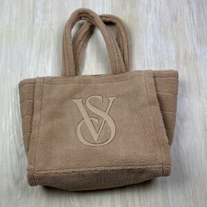 Victoria’s Secret Logo Tan Camel Plush Sherpa Teddy Fleece Tote Shoulder Bag